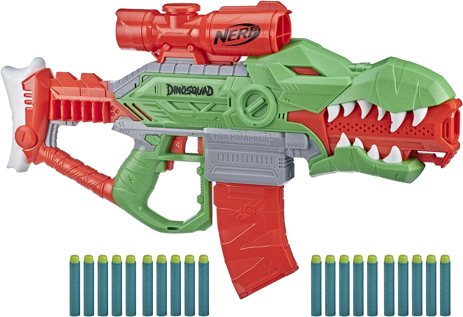 Hasbro Nerf DinoSquad Rex-Rampage Motorized Dart Blaster, 10-Dart Clip, 20 Official Nerf Darts, 10-Dart Storage- T-Rex Dinosaur Design