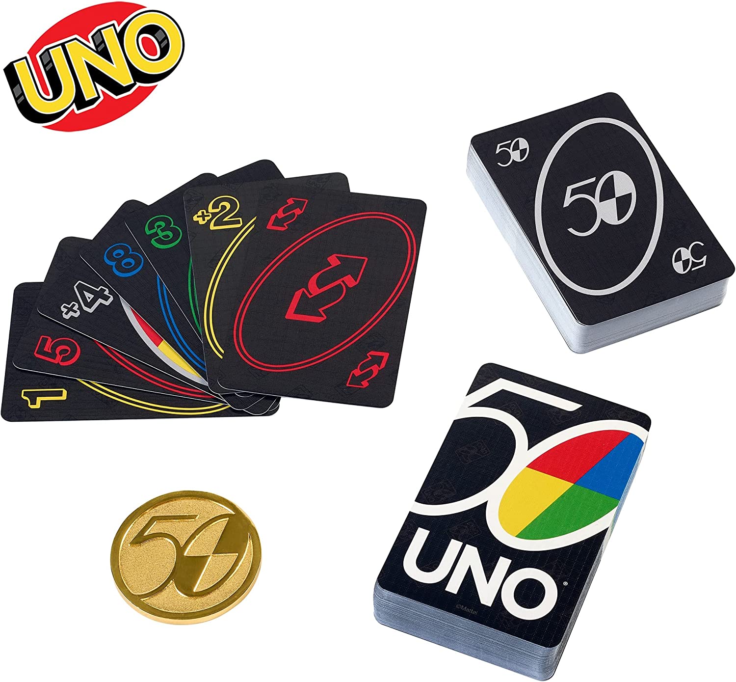 Mattel Games UNO Premium 50th Anniversary Edition Card Game Featuring Commemorative Coin & 112 Cards