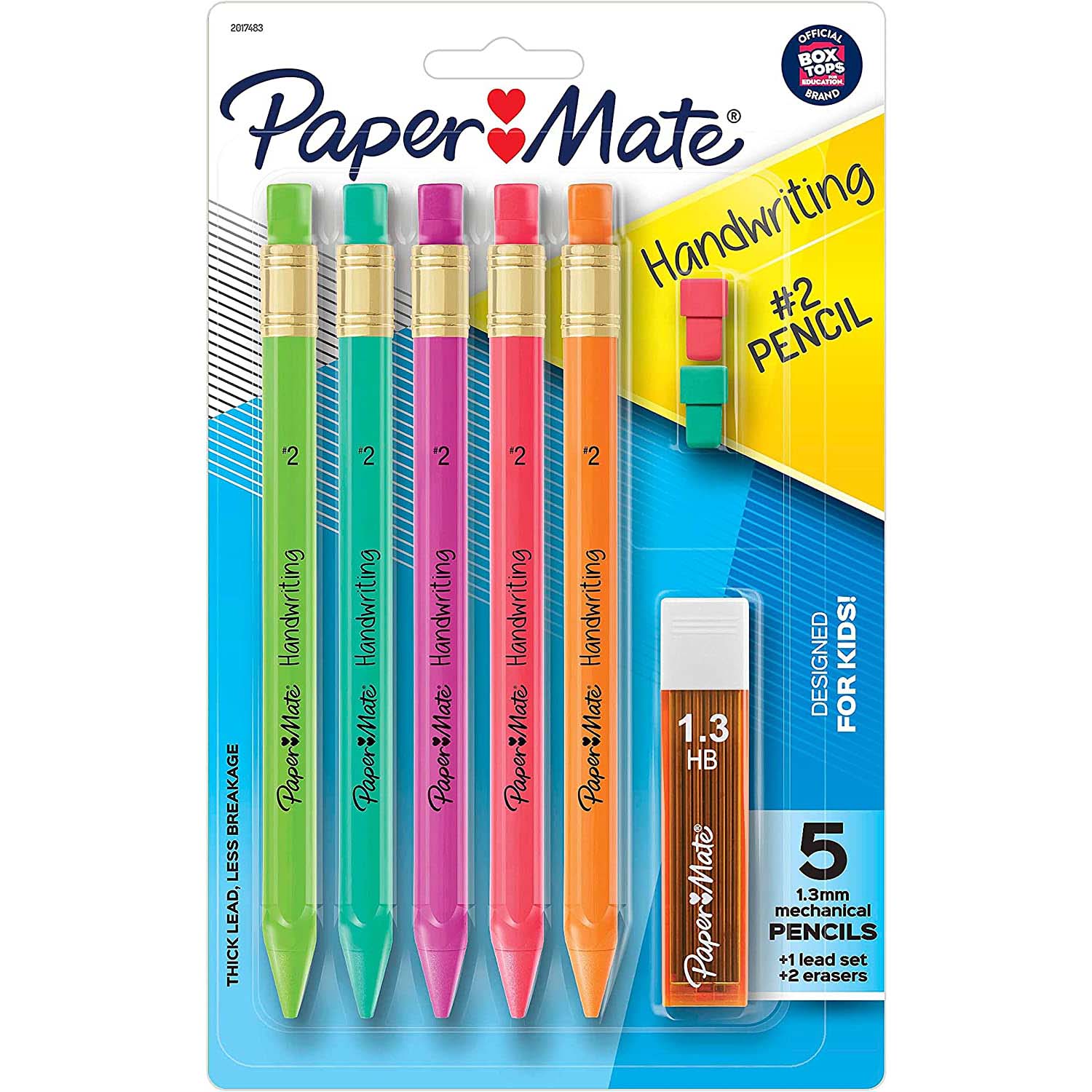 PAPER MATE Handwriting Triangular Mechanical Pencil Set with Lead & Eraser Refills, 1.3mm, Fun Barrel Colors, 8 Count, Black