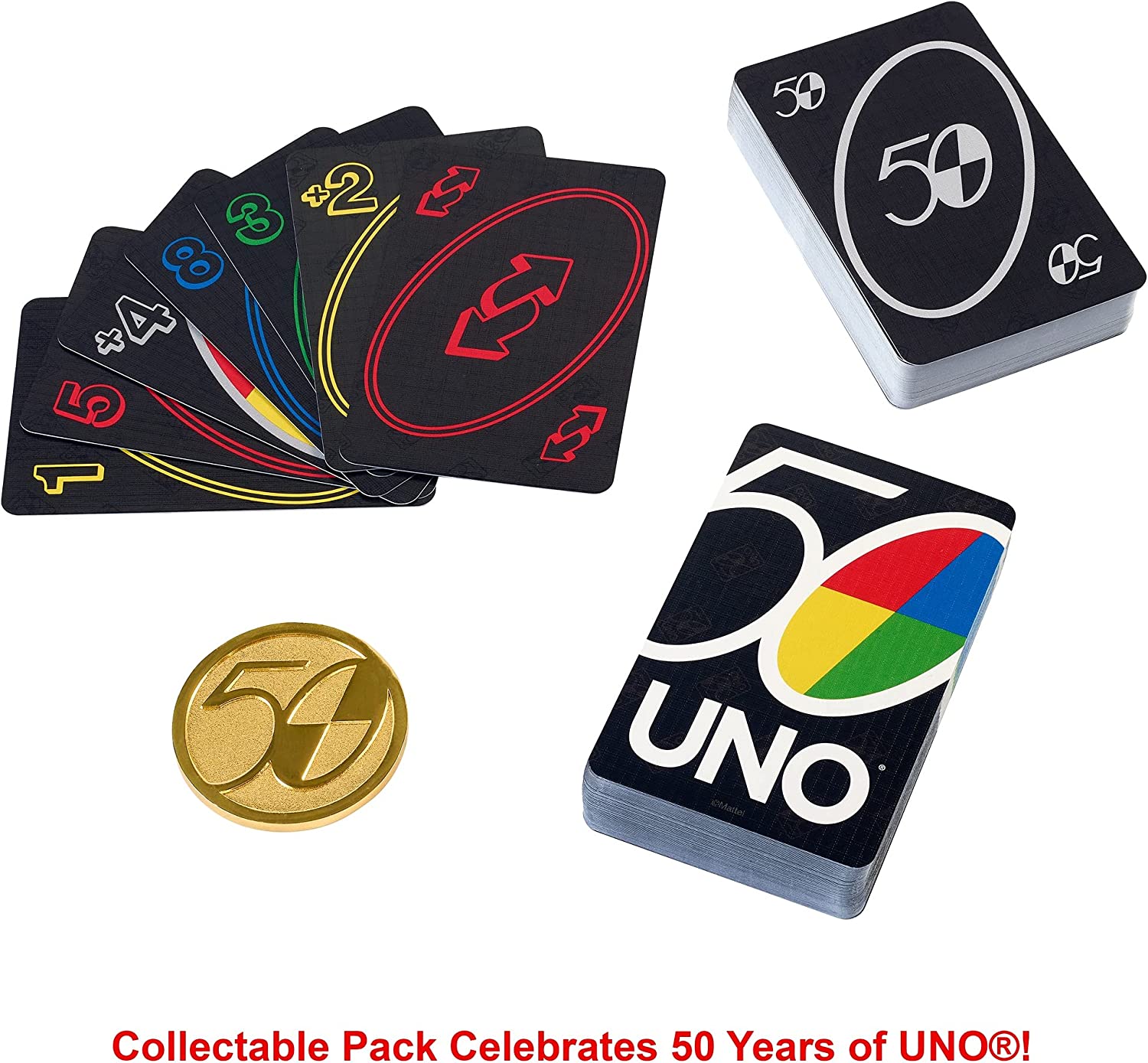 Mattel Games UNO Premium 50th Anniversary Edition Card Game Featuring Commemorative Coin & 112 Cards
