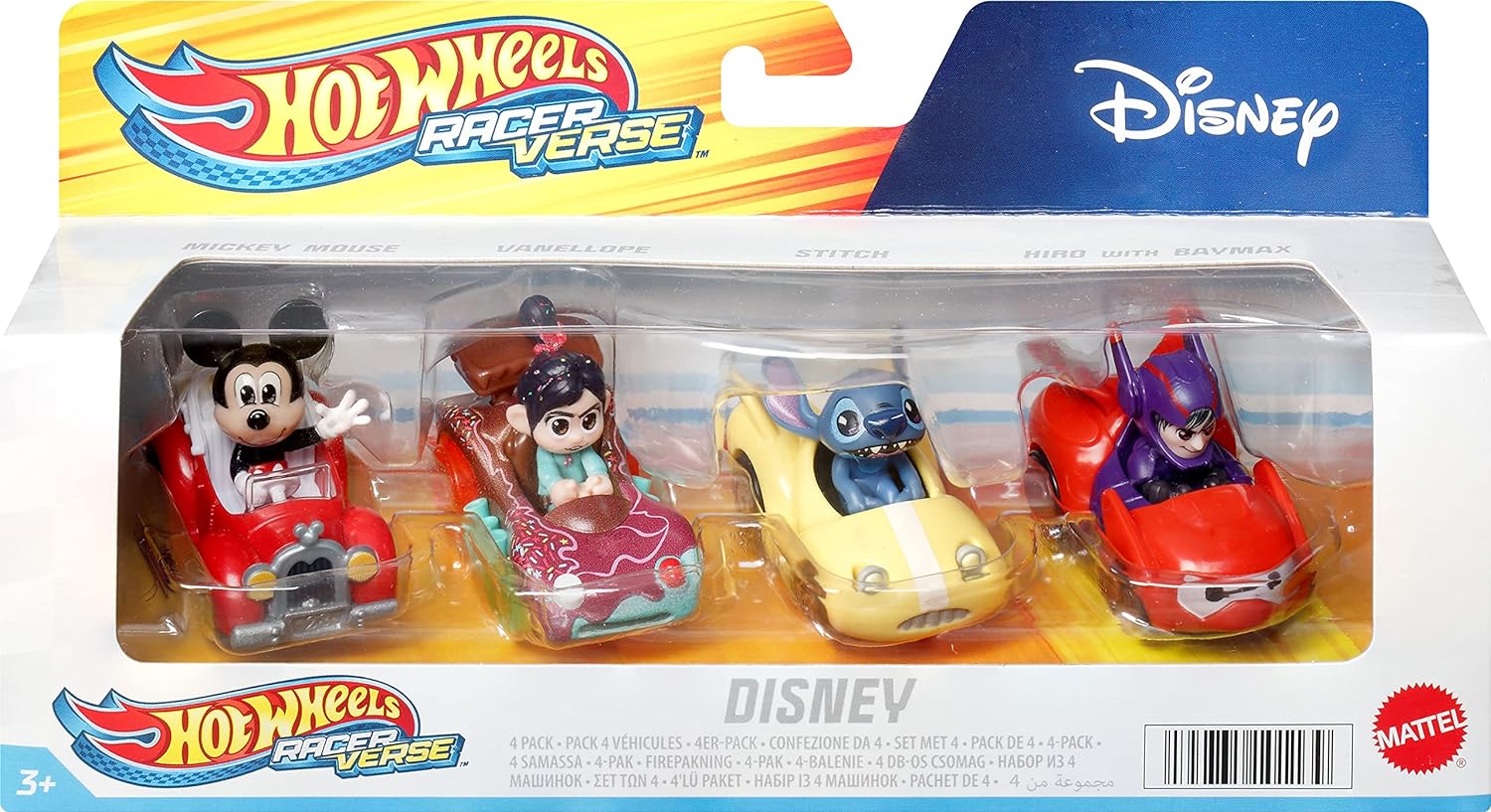 Hot Wheels RacerVerse, 4 Pack Disney Metal Toy Cars optimized for use on Hot Wheels tracks, featuring popular Disney Characters