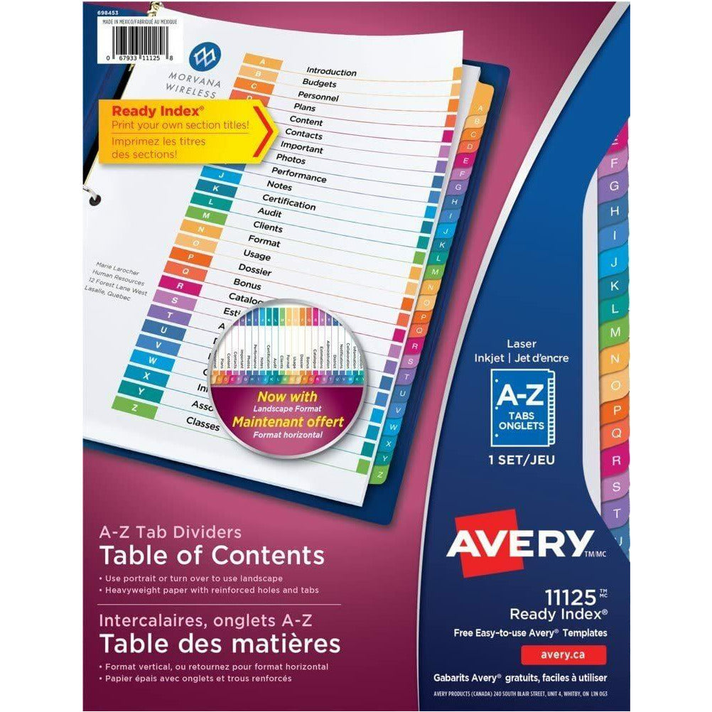 Avery Ready Index A-Z Tab Binder Dividers Customizable Table of Contents Multicolour Tabs 1 Set (11125)