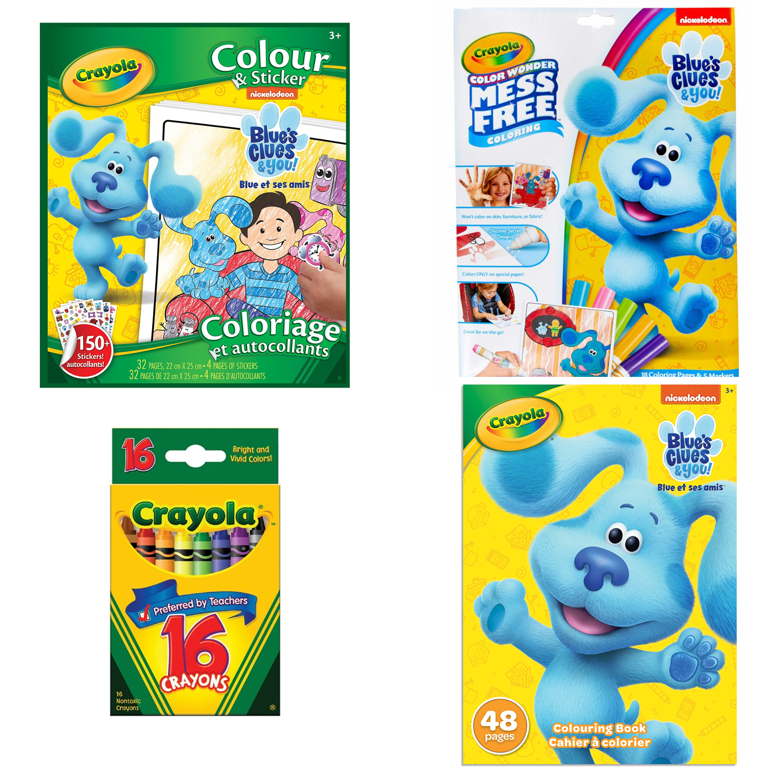 Blue's Clues Coloring Books Bundle - Color & Sticker Book, 48 pg Coloring Book, Color Wonder Mess Free Blue's Clues Coloring Set, and 16 Crayons