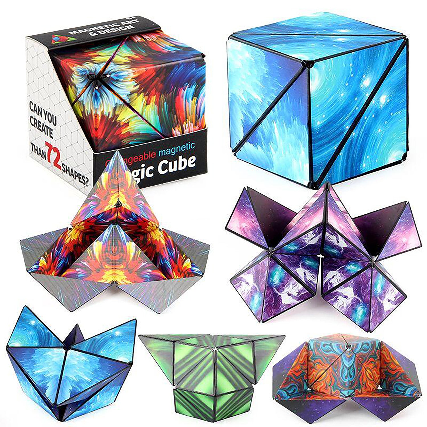 3D Changeable Magnetic Magic Cube, Shape Shifting Box Fidget Toy (Galactic Blue Version)